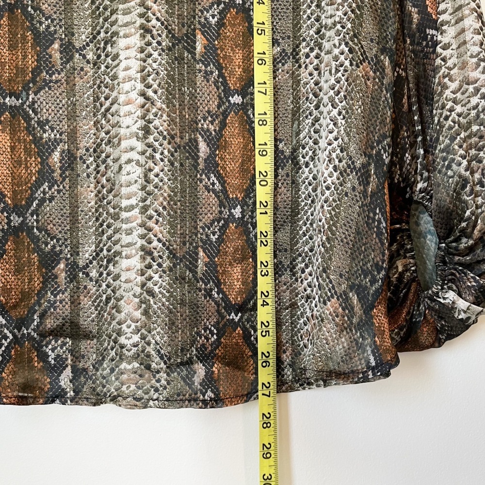 Adrienne Snake Print Balloon‎ Sleeve V-Neck Blouse Womens Medium Green Brown - Picture 7 of 8